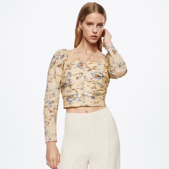 MNG Mango Womens L US 8 Crop Top Puff Sleeves Floral Printed Yellow Blue New - Picture 1 of 8